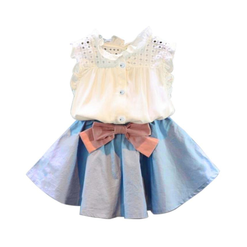 Hollow sleeveless Bowtie jacket skirt suit blue Kids girls clothes set smmer 2017 children clothes kids girls set Drop ship