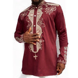 New African Clothes Shit Men Dashiki Traditional Printed Stand Collar Long-sleeved Shirt Red Color For Wedding Plus Size 3XL