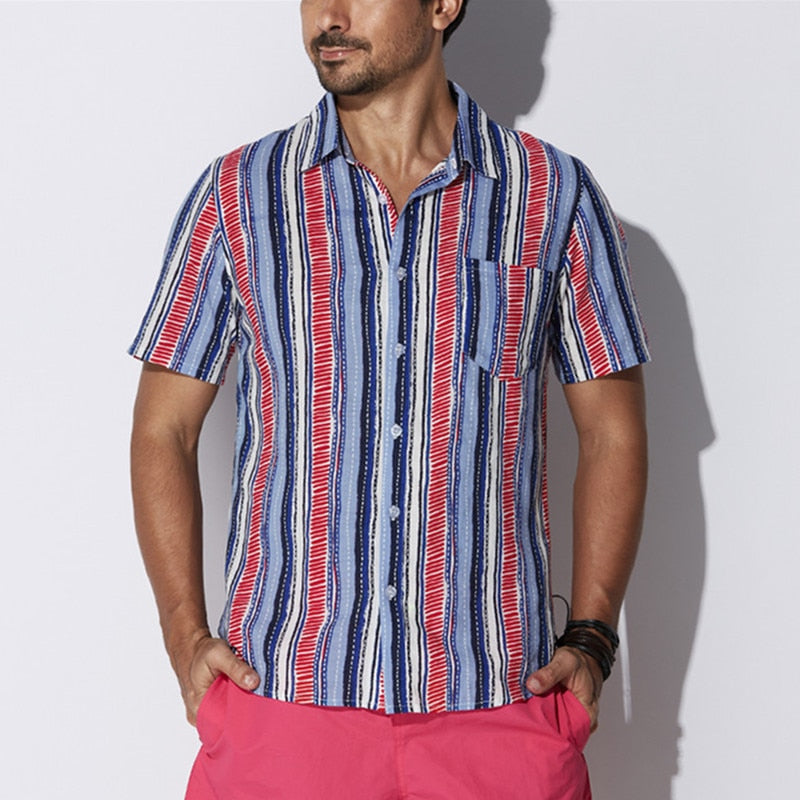 Plus Size 5XL Men's Shirts Short Sleeve Nepal Boho Dress Shirt Striped Cotton Shirt Loose Turn Down Collar Camisa Hawaiian Tee