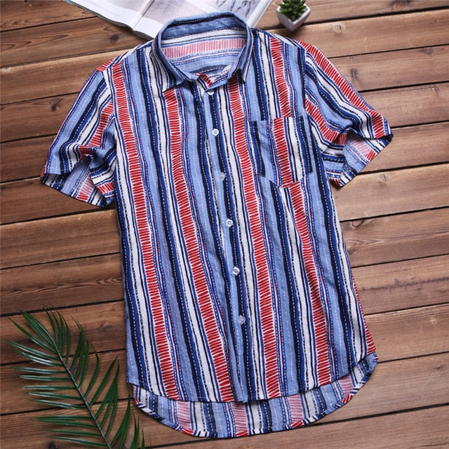 Plus Size 5XL Men's Shirts Short Sleeve Nepal Boho Dress Shirt Striped Cotton Shirt Loose Turn Down Collar Camisa Hawaiian Tee