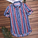 Plus Size 5XL Men's Shirts Short Sleeve Nepal Boho Dress Shirt Striped Cotton Shirt Loose Turn Down Collar Camisa Hawaiian Tee