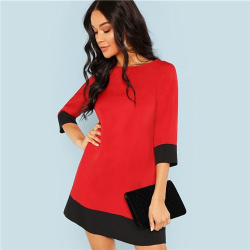 SHEIN Red Contrast Trim Tunic Dress Workwear Colorblock 3/4 Sleeve Short Dresses Women Autumn Elegant Straight Mini Dresses