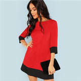SHEIN Red Contrast Trim Tunic Dress Workwear Colorblock 3/4 Sleeve Short Dresses Women Autumn Elegant Straight Mini Dresses
