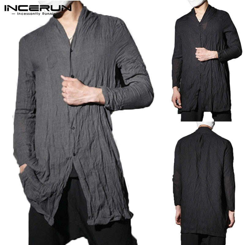 Retro New Mens Shirt Long Shirts Pleated Traditional Open Stitch Outwear Hombre Camisas Masculina Hiphop Cardigan Mens Clothing
