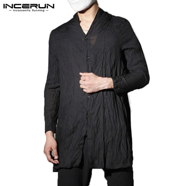 Retro New Mens Shirt Long Shirts Pleated Traditional Open Stitch Outwear Hombre Camisas Masculina Hiphop Cardigan Mens Clothing