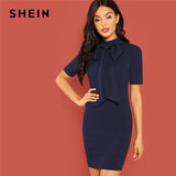 SHEIN Navy Modern Lady Workwear Stand Collar Bow Tie Neck Striped Pencil Slim Zipper Dress 2018 Summer Elegant Women Dresses