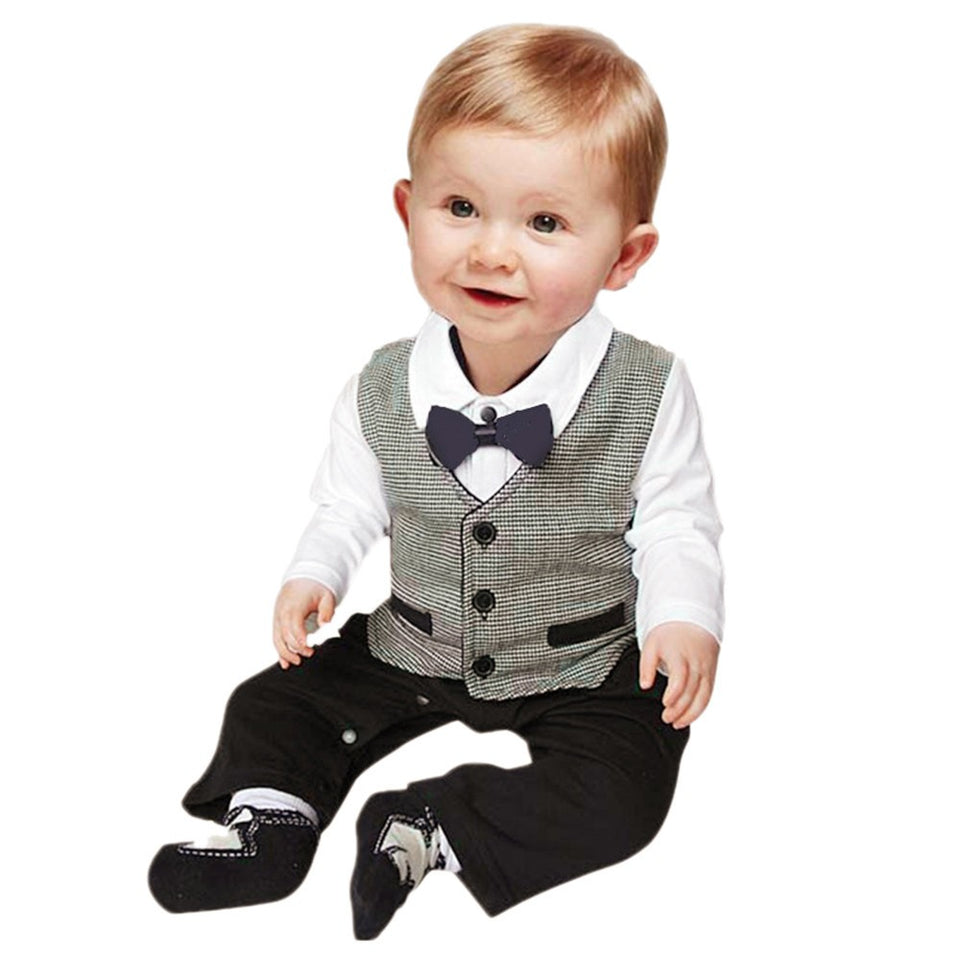 Toddler Baby Boy Long sleeves Plaid Vest Tie Outfits Kid Clothes Romper Jumpsuit