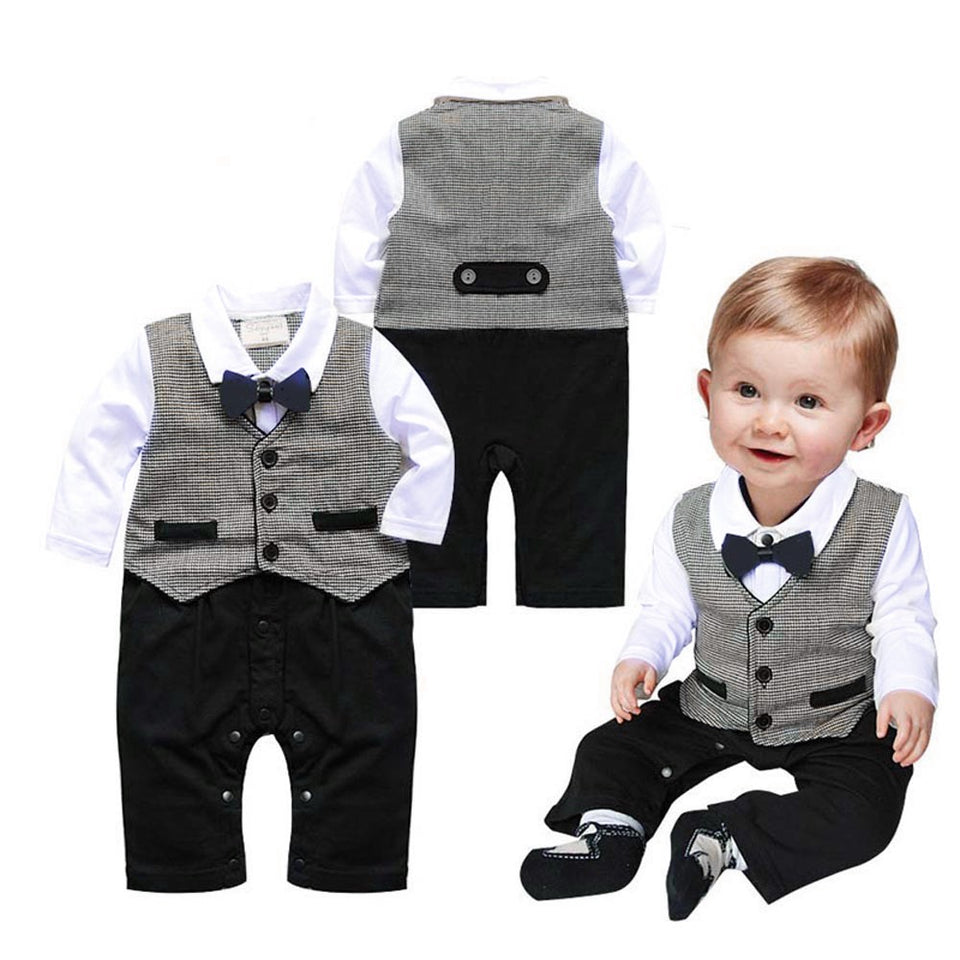 Toddler Baby Boy Long sleeves Plaid Vest Tie Outfits Kid Clothes Romper Jumpsuit