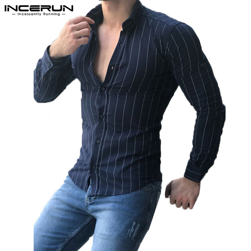 Autumn Mens Clothing 2018 Mens Long Sleeve Shirts Dress Stripe Fashion Slim Fit Male Tee Camisa Hombre V Neck Shirts Classic 3XL