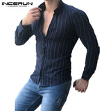 Autumn Mens Clothing 2018 Mens Long Sleeve Shirts Dress Stripe Fashion Slim Fit Male Tee Camisa Hombre V Neck Shirts Classic 3XL