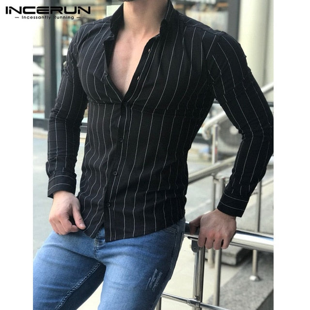Autumn Mens Clothing 2018 Mens Long Sleeve Shirts Dress Stripe Fashion Slim Fit Male Tee Camisa Hombre V Neck Shirts Classic 3XL