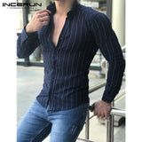 Autumn Mens Clothing 2018 Mens Long Sleeve Shirts Dress Stripe Fashion Slim Fit Male Tee Camisa Hombre V Neck Shirts Classic 3XL