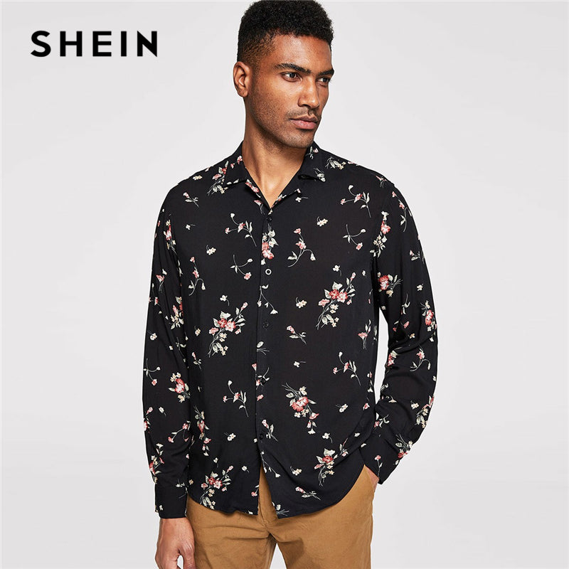 SHEIN Men Black Botanical Floral Print Buttoned Shirt Casual Cotton Long Sleeve Tops Clothing Autumn Highstreet Blouse