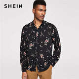 SHEIN Men Black Botanical Floral Print Buttoned Shirt Casual Cotton Long Sleeve Tops Clothing Autumn Highstreet Blouse