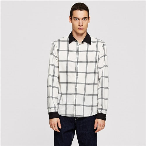 SHEIN Men Black and White Button & Pocket Front Plaid Button Long Sleeve Pocket Placket Shirt Autumn Minimalist Mens Shirts