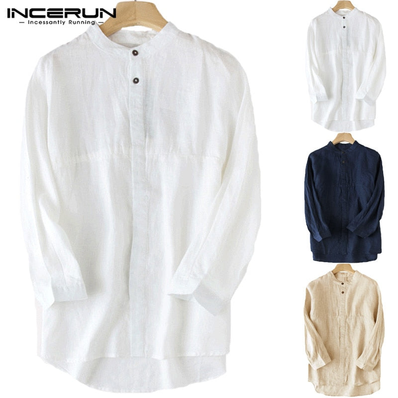 2018 Autumn Shirts Dress Male Button Up Three Quarter Sleeve Loose Fit Male Tops Men Cotton Shirts Camisa Chemise Men Clothing