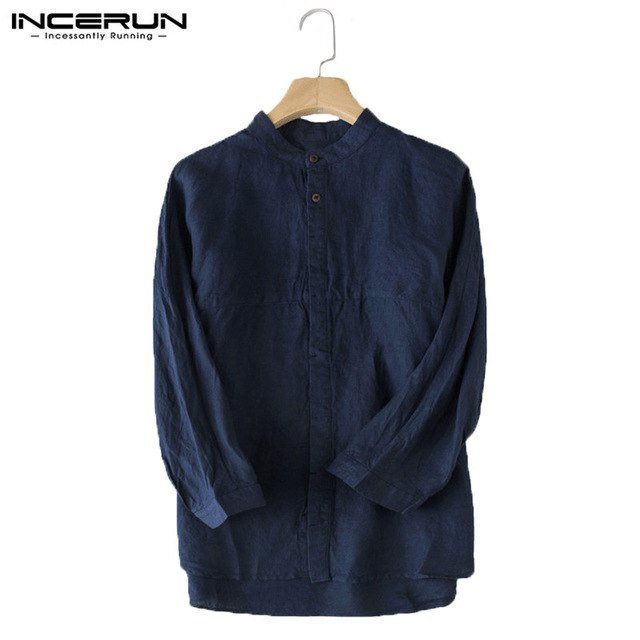 2018 Autumn Shirts Dress Male Button Up Three Quarter Sleeve Loose Fit Male Tops Men Cotton Shirts Camisa Chemise Men Clothing