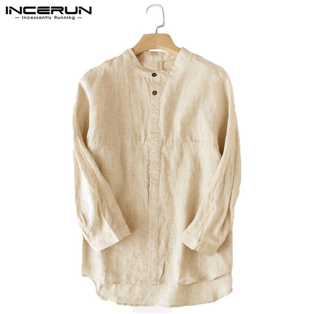2018 Autumn Shirts Dress Male Button Up Three Quarter Sleeve Loose Fit Male Tops Men Cotton Shirts Camisa Chemise Men Clothing